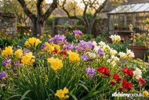 kolorowe frezje kwitnące w ogrodzie w pełnym słońcu