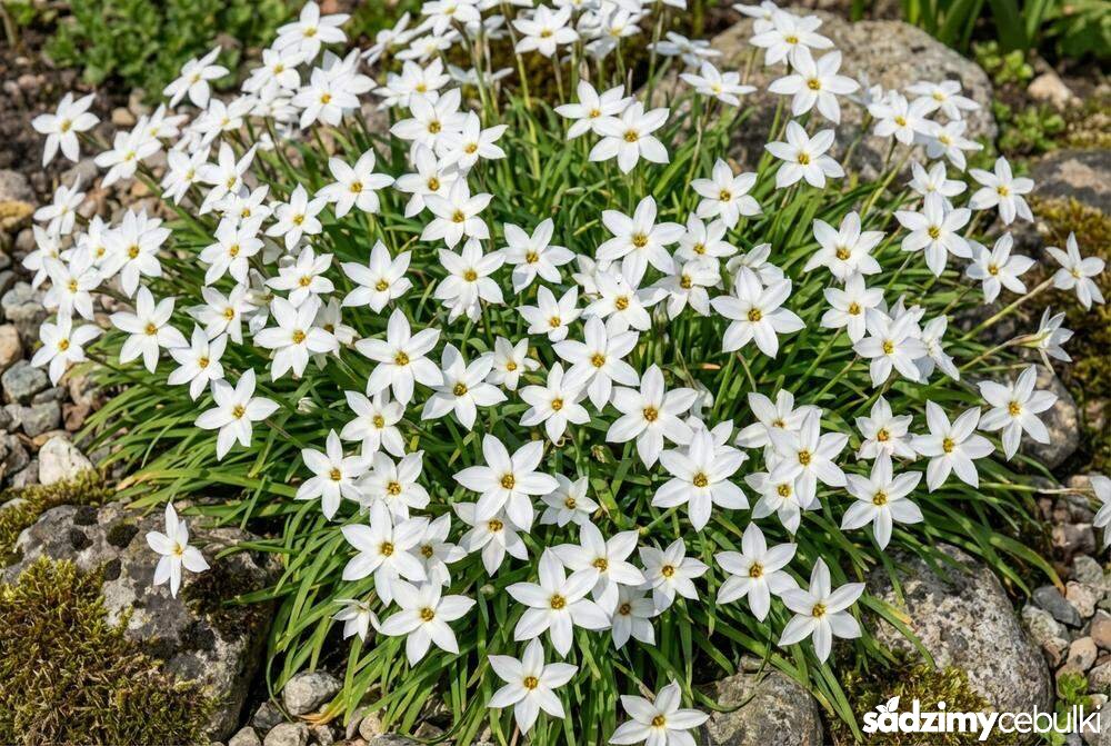 Kępa kwitnącego ifejona Alberto Castillo w ogrodzie skalnym