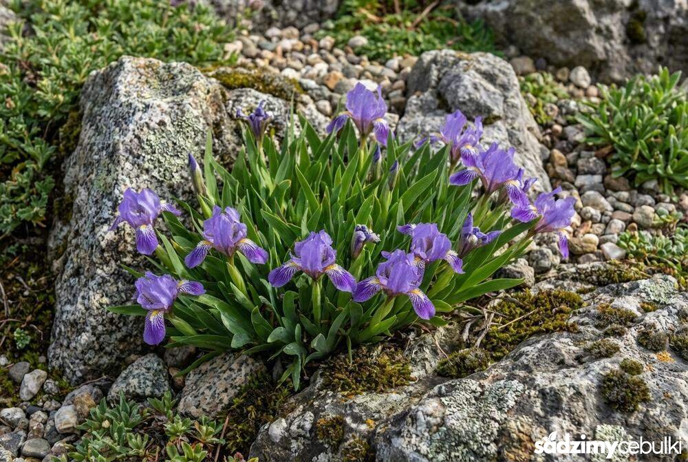 Karłowa odmiana Iris setosa Nana na skalniaku