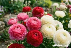 kolorowe kwiaty jaskra azjatyckiego w ogrodzie