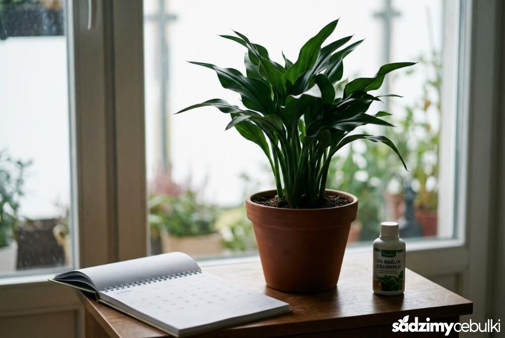 Kalia w doniczce z samymi liśćmi, bez kwiatów, pokazująca problem braku kwitnienia w warunkach domowych.