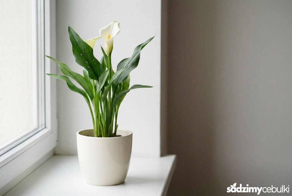 Kalia doniczkowa w białej osłonce w nowoczesnym wnętrzu, z widocznym białym kielichem i żółtą kolbą stojąca na parapecie okna.