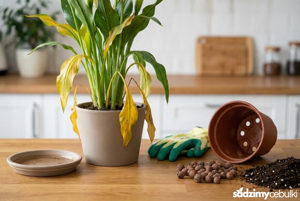 Kalia w doniczce z żółknącymi i więdnącymi liśćmi oraz podstawką ze stojącą wodą, sugerująca przelanie i problemy z korzeniami.