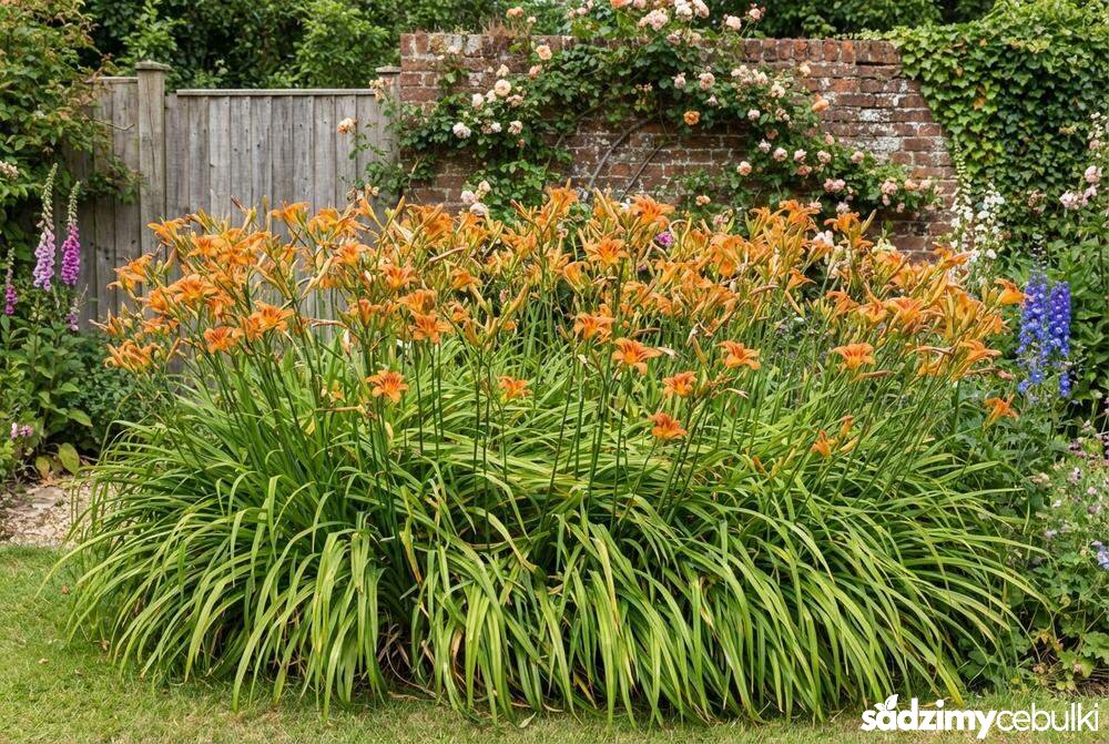 Kępa liliowca rdzawego w ogrodzie wiejskim