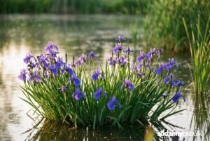 Kwitnący kosaciec gładki Iris laevigata w oczku wodnym