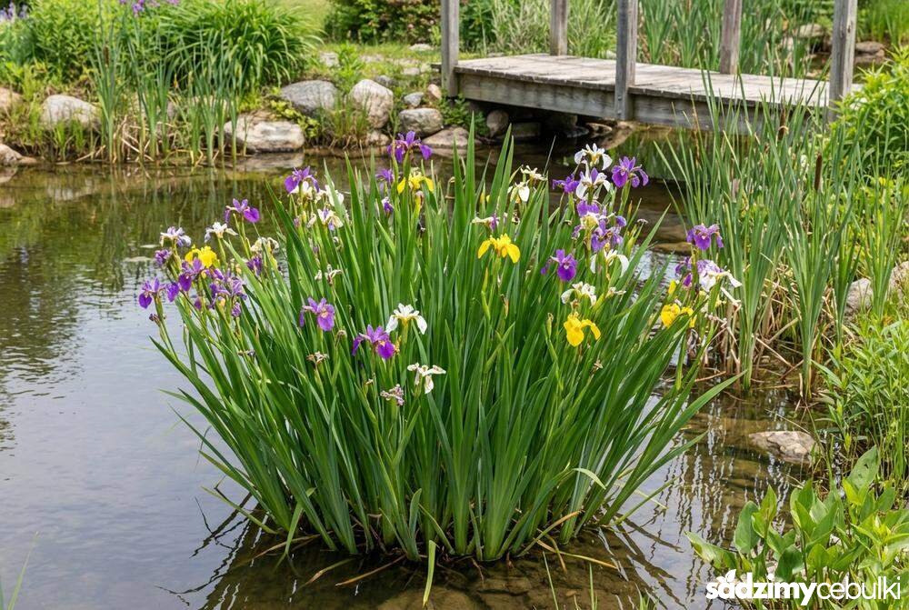 Kępa kosaćca różnobarwnego w strefie bagiennej oczka wodnego