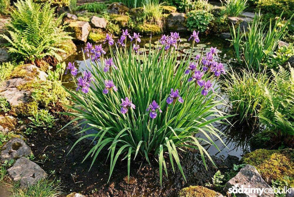 Kępa kosaćca szczecinkowatego przy oczku wodnym