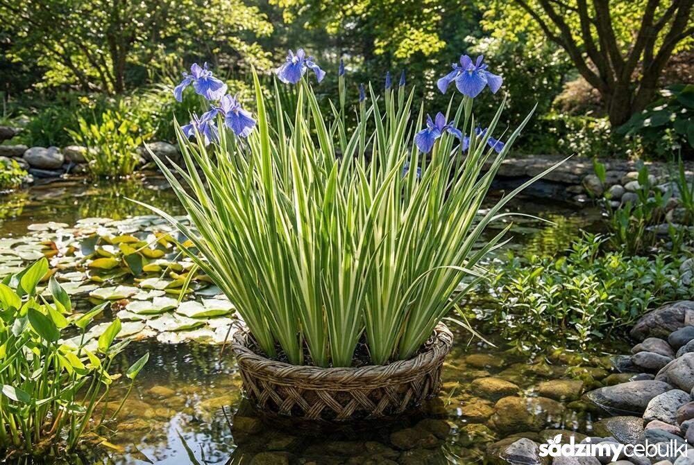 Iris laevigata Variegata o pasiastych liściach w oczku