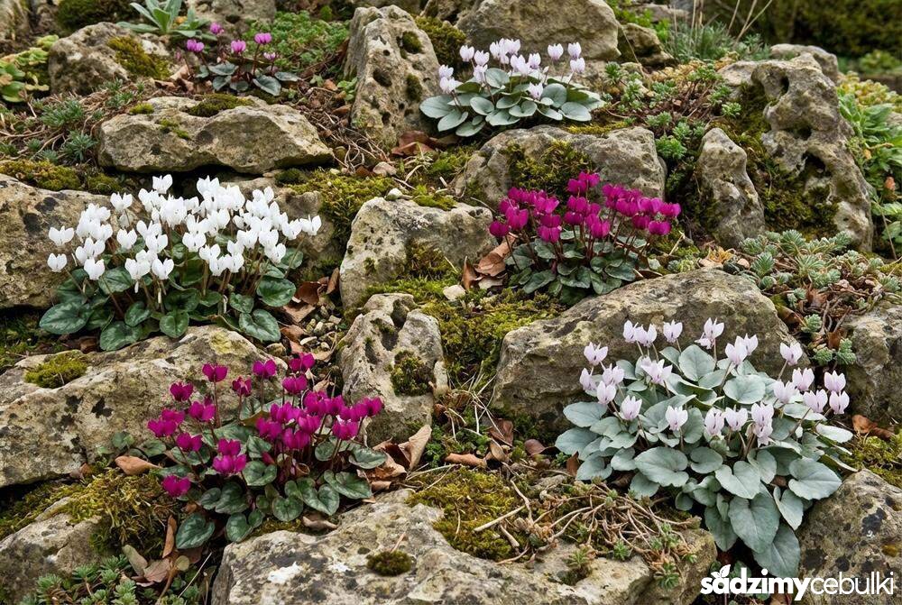 Różne kolory kwiatów cyklamena dyskowatego na skalniaku