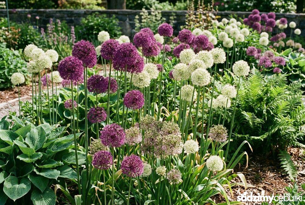 Różne odmiany czosnków ozdobnych fioletowe i białe