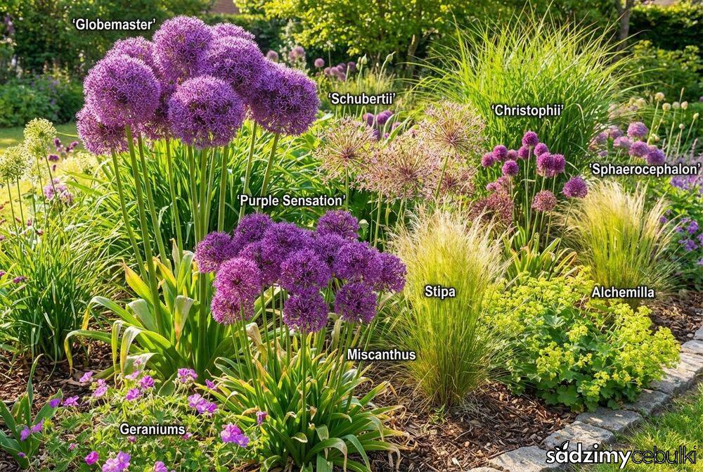 Różne odmiany czosnków ozdobnych na rabacie z trawami