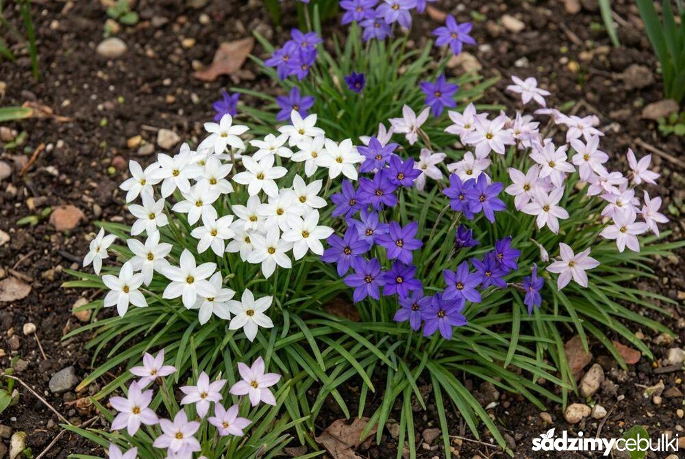 Różne odmiany ifejona jednokwiatowego białe i niebieskie