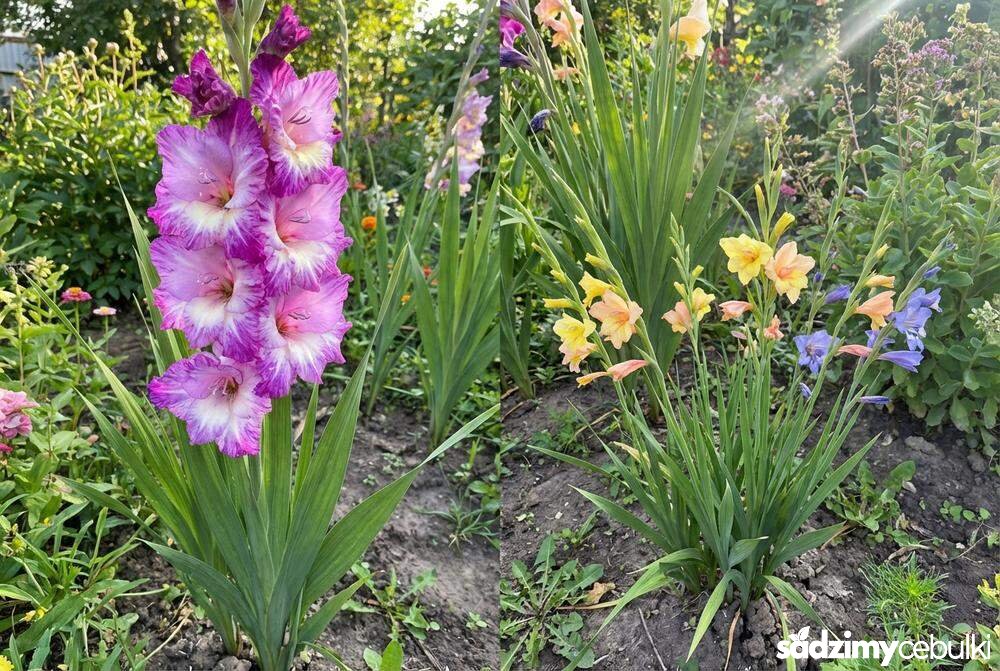 Różne odmiany mieczyków wielkokwiatowe i karłowe
