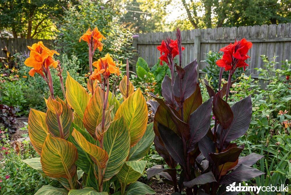 Różne odmiany kanny o ozdobnych liściach i kwiatach