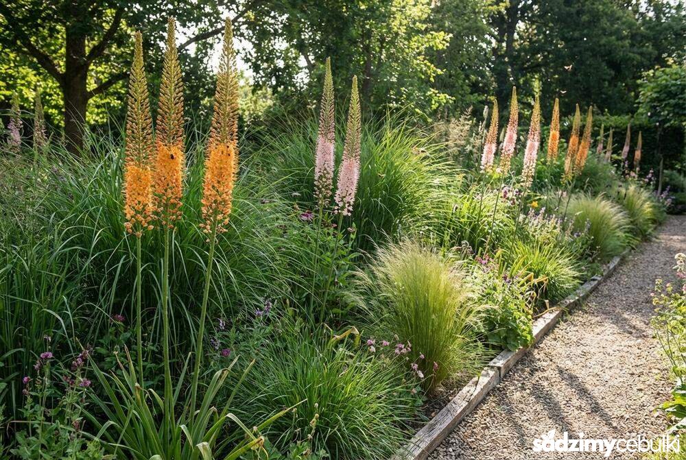 Różne odmiany pustynników na rabacie w ogrodzie