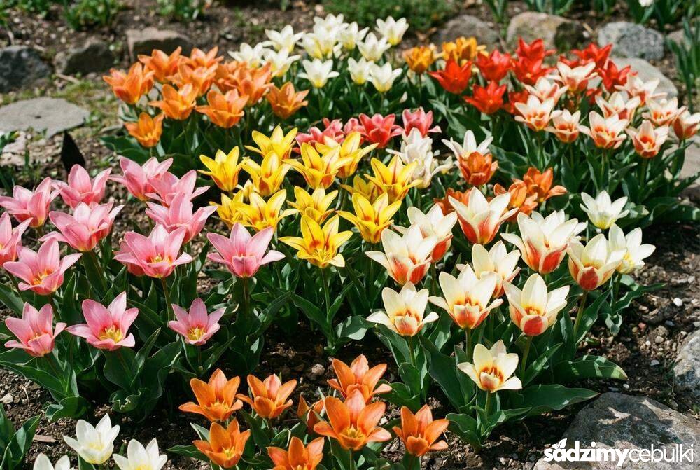 Różne odmiany tulipanów botanicznych Kaufmanna na rabacie