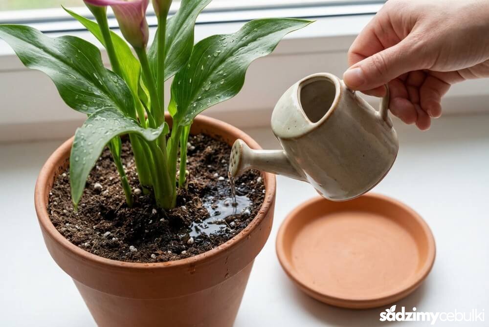 Delikatne podlewanie kalii w doniczce, z widocznym lekko wilgotnym podłożem i podstawką bez nadmiaru wody.