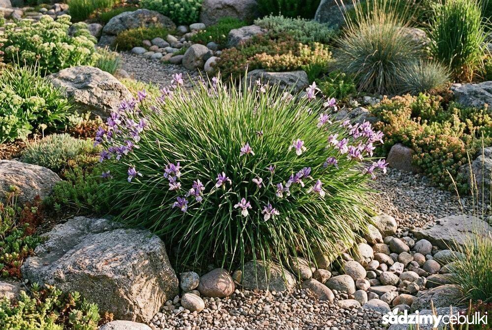 Kępa kosaćca trawolistnego w ogrodzie skalnym