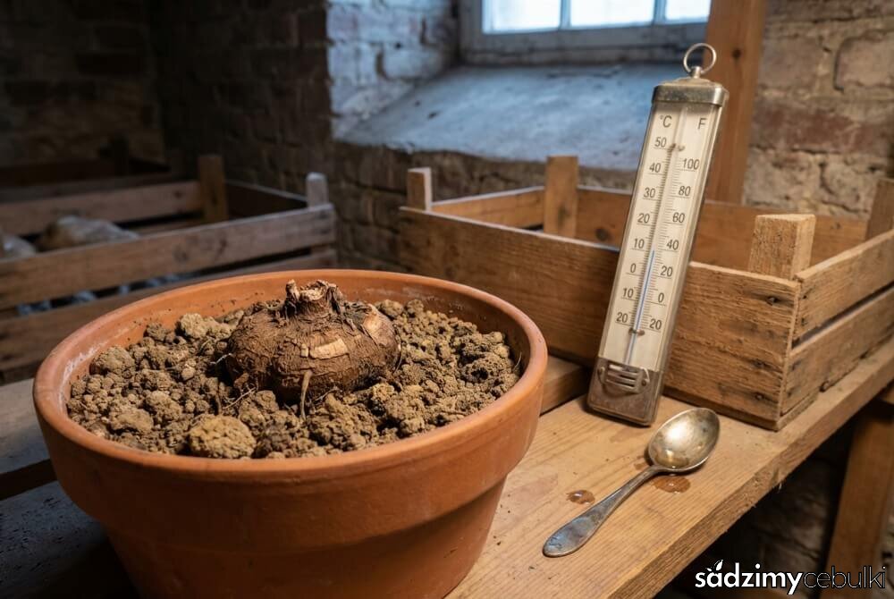 Doniczka z bulwą cyklamenu w stanie spoczynku w chłodnym, ciemnym miejscu, z minimalnym nawadnianiem.