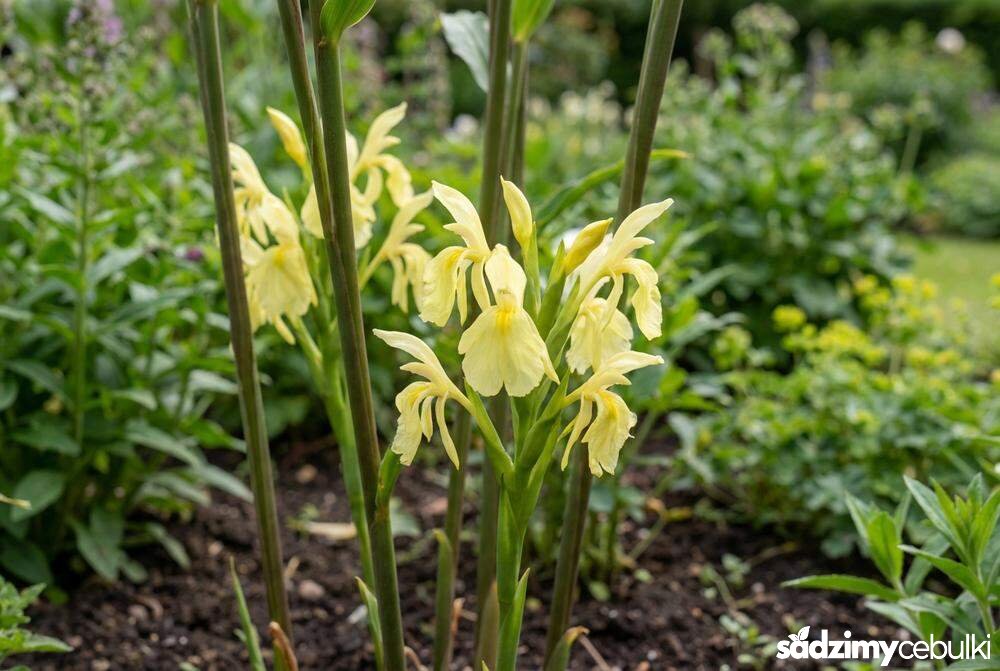Żółta odmiana roskei Roscoea cautleyoides w ogrodzie