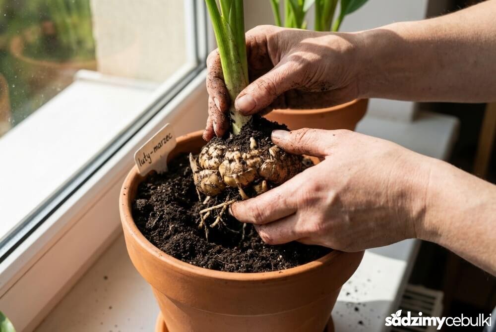 Dłonie sadzą bulwę kalii do doniczki na parapecie w mieszkaniu, w naturalnym świetle.