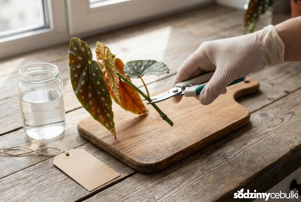 Przycinanie pędu begonii tuż pod węzłem z użyciem zdezynfekowanego sekatora, przygotowanie sadzonki do ukorzeniania.