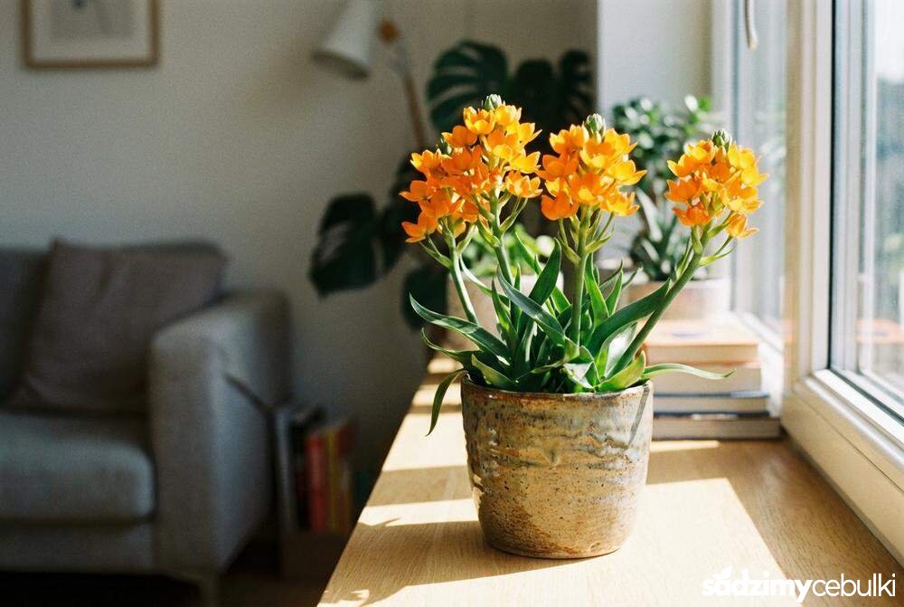 Pomarańczowy śniedek wątpliwy w doniczce na oknie