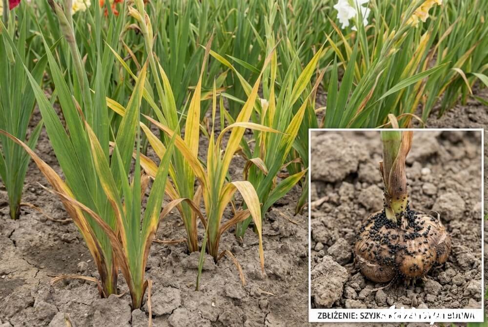 Zamierające mieczyki z widocznymi czarnymi kuleczkami sklerocji na szyjce korzeniowej.