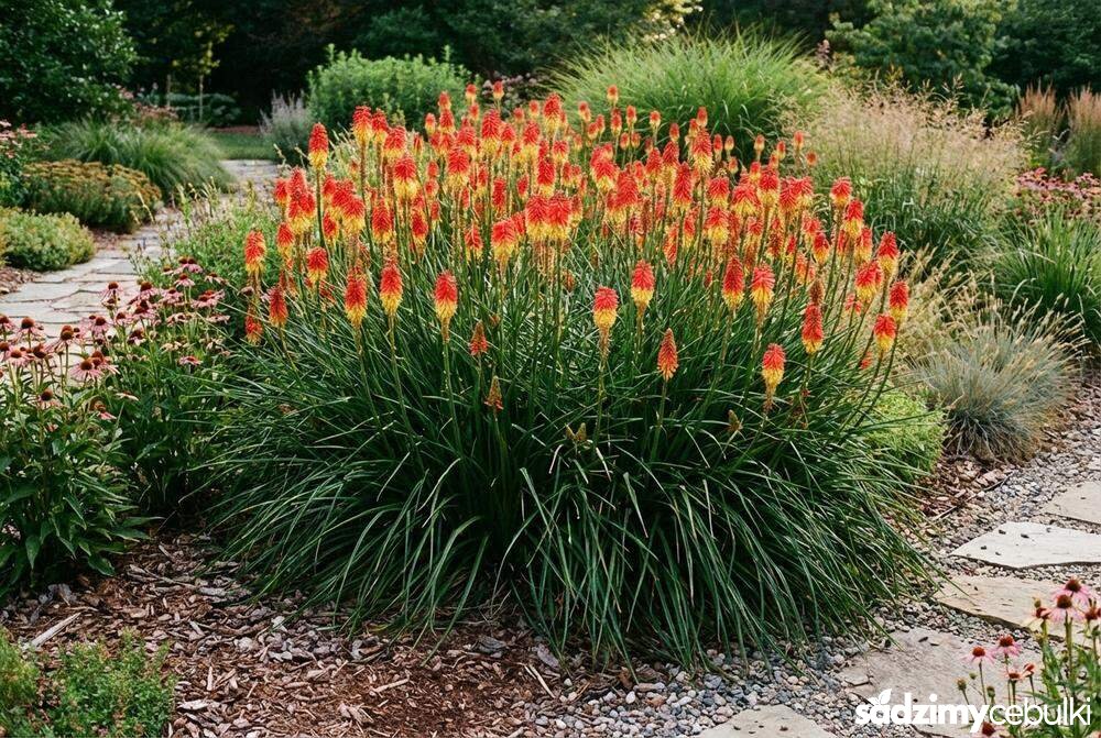 Kępa trytomy ogrodowej pokrój rośliny na rabacie