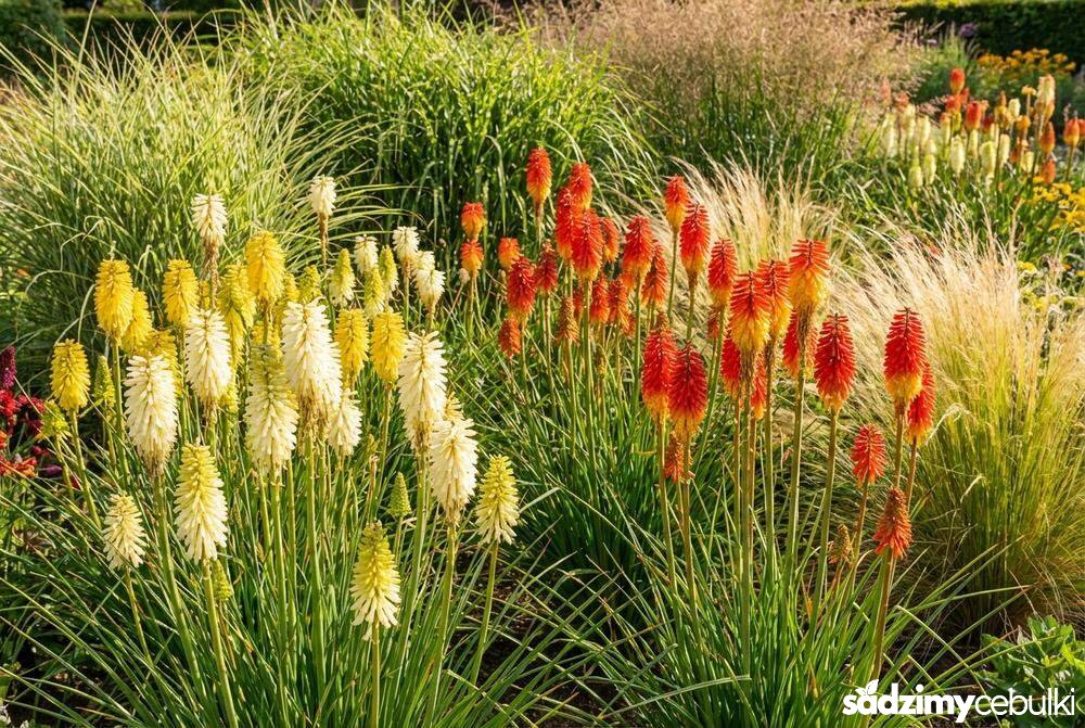 Różne kolorowe odmiany trytomy ogrodowej na rabacie