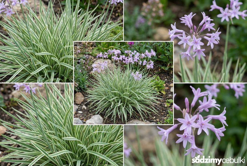 Tulbagia fioletowa odmiana Silver Lace z jasnymi brzegami liści