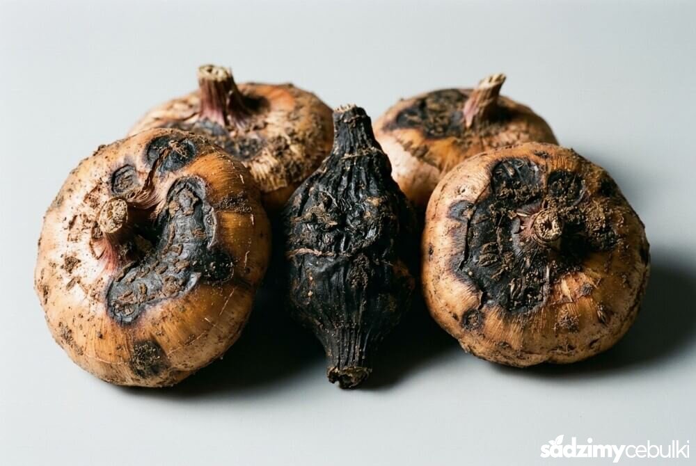 Bulwy mieczyka z czarnymi, twardymi plamami i oznakami mumifikacji.