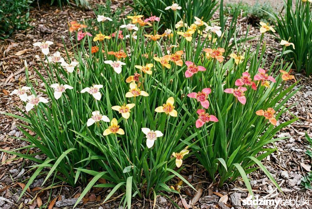 Grupa kwitnących tygrysówek na rabacie ogrodowej