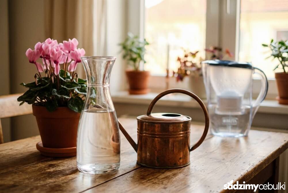 Szklany dzbanek z odstaną wodą i konewka przygotowane do podlania fiołka alpejskiego stojącego obok.